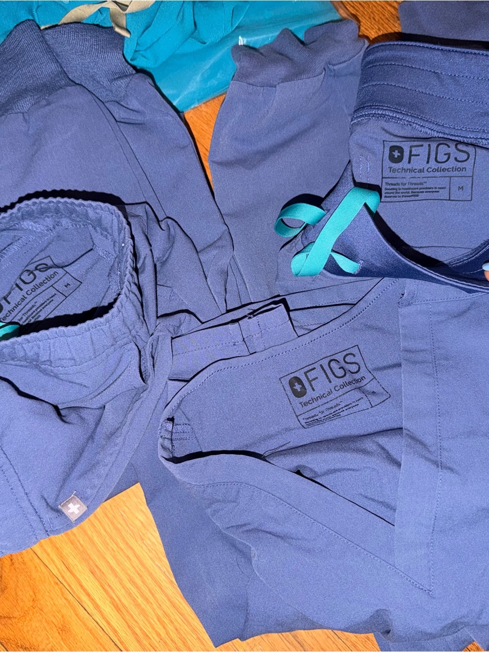 Figs Navy Scrub Set with Teal Drawstring Accent TOP ONLY